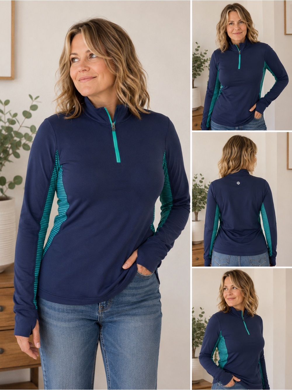 Women's Lululemon 1/2 Zip Pullover Navy Green Thumbholes Size S/M b4 - Picture 1 of 11